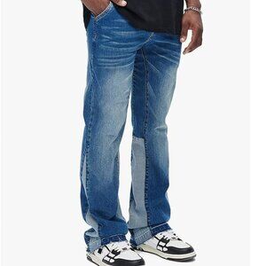 Blue Denim Patchwork Stretch Jeans Slim Fit Flared Pants